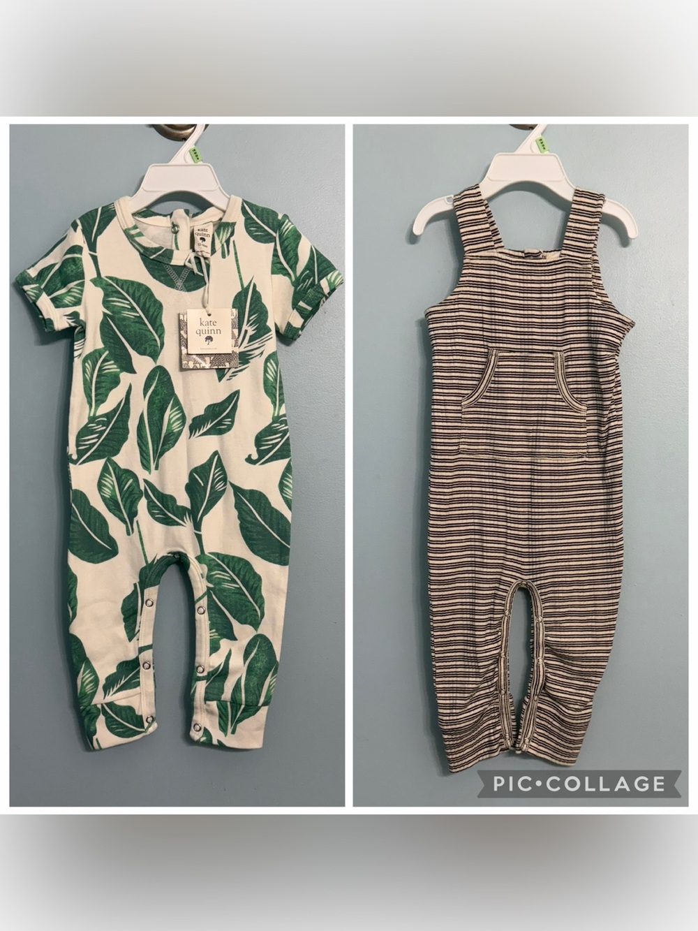 (2) Kate Quinn 12-18 Mo Unisex Leaf Stripe Spring/Summer/Fall Coverall Outfits